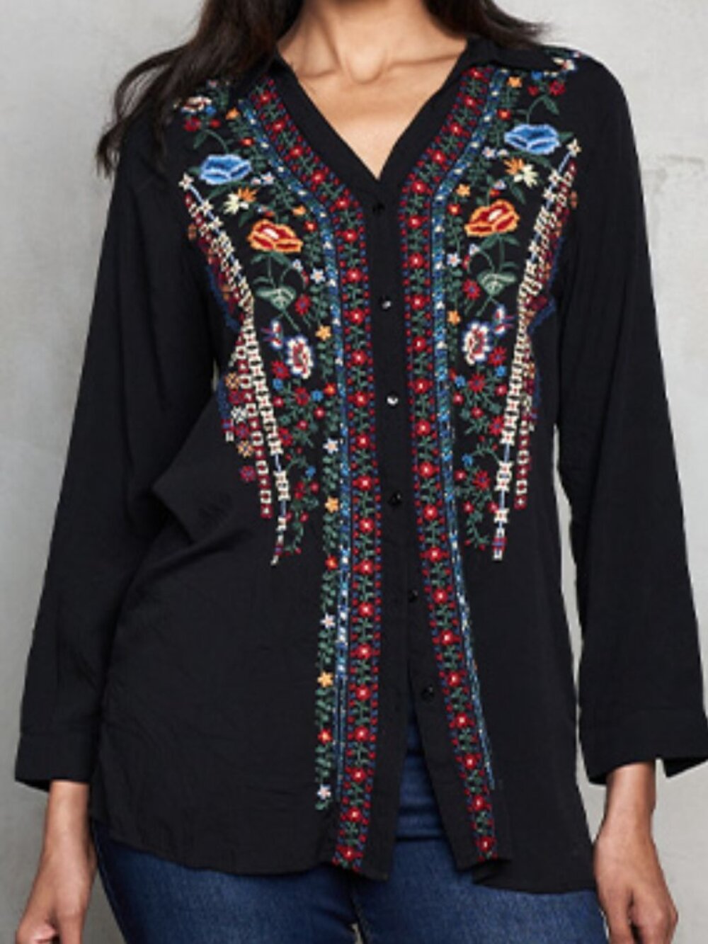 Boho Chic Viscose Split Collar Embroidered Pull-Over Shirt  - NWT